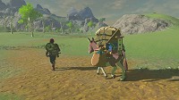 Link travels with a large equipment in Breath of the Wild